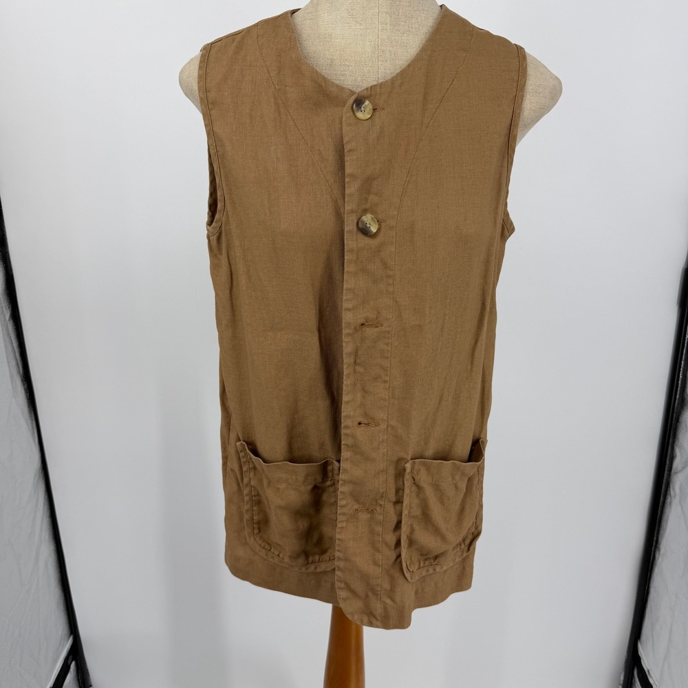 Smith & Hawken Vest Womens XS Brown Linen Button Front Utility Lagenlook Pockets